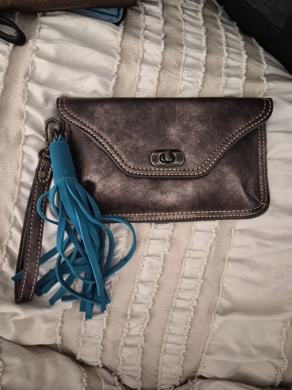 Cathchfly Brushed Metallic Wristlet Clutch with Teal Tassel